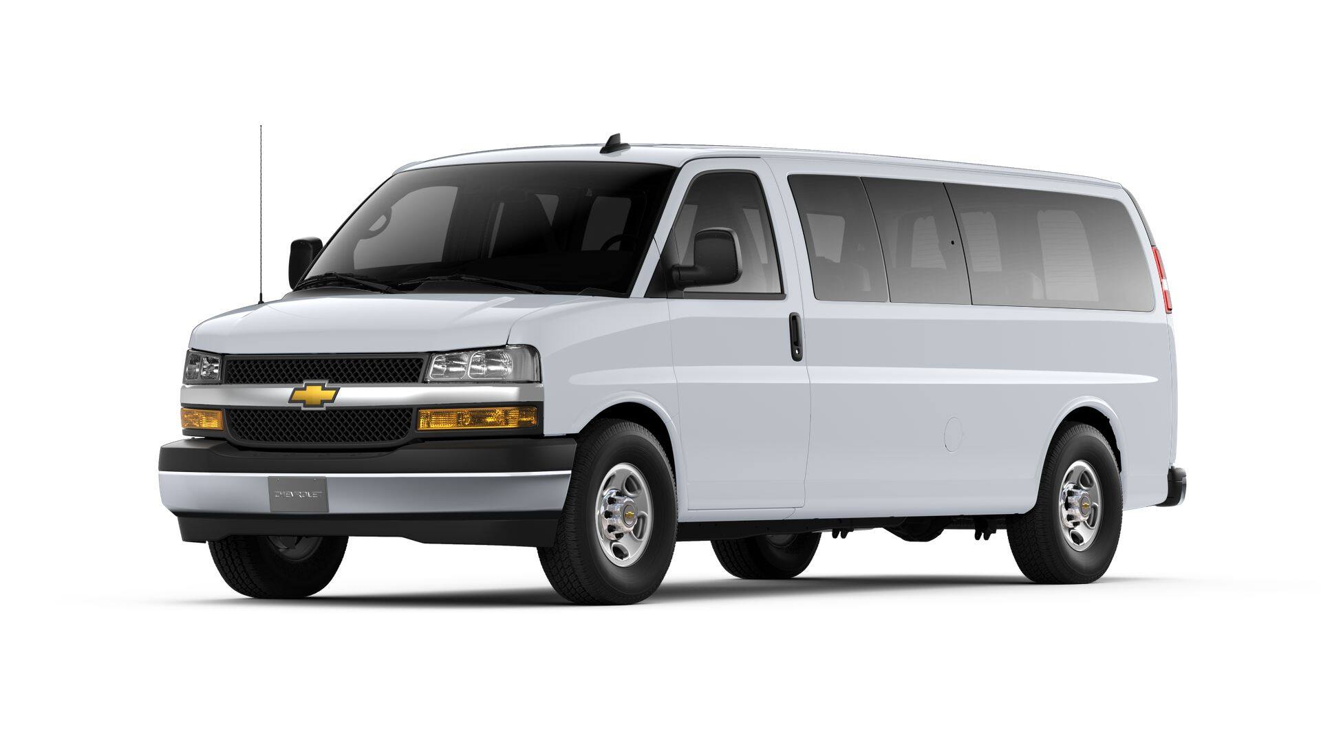 2026 Chevrolet Express Passenger 1LT in Summit White — front three-quarter view